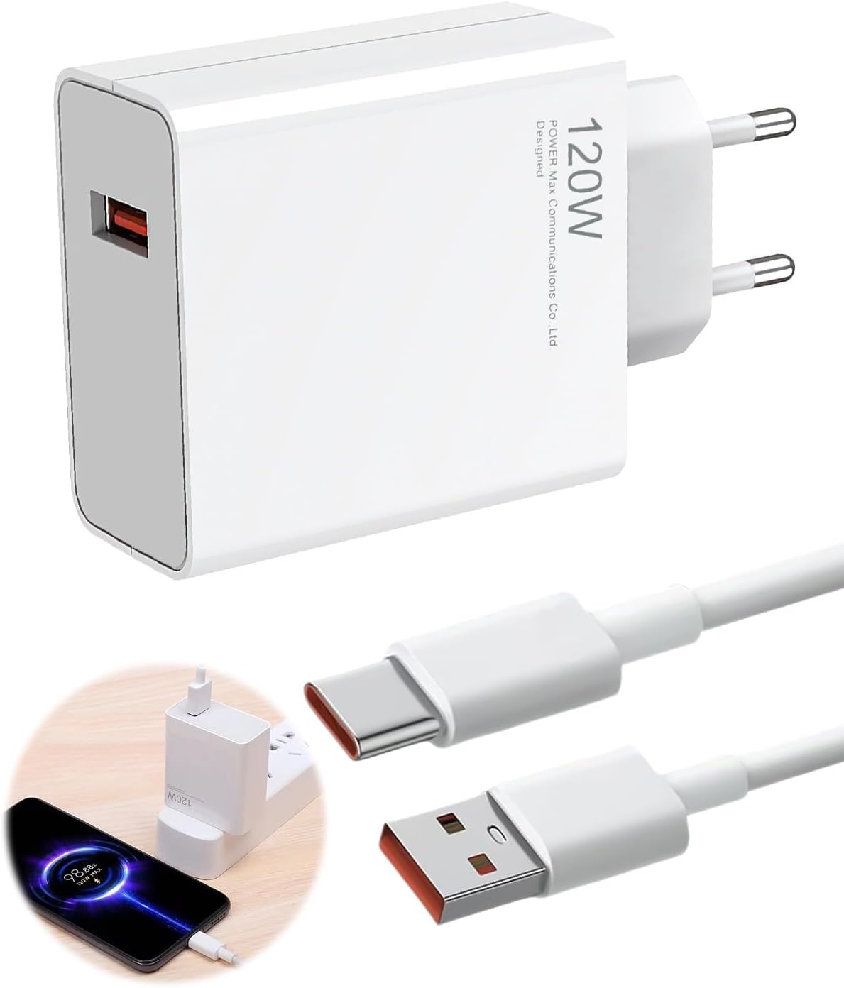 Cargador Rápido Xiaomi 120W HyperCharge + Cable Tipo-C - Carga Ultra Rápida - Compatible con Redmi y Xiaomi 13/12/11